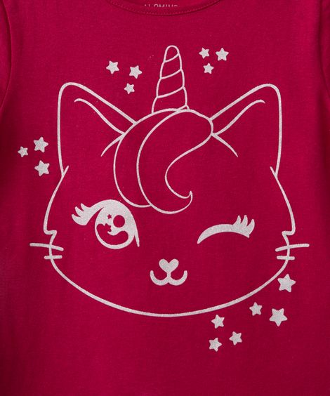 camiseta de algodão infantil gatocornio com glitter manga curta rosa