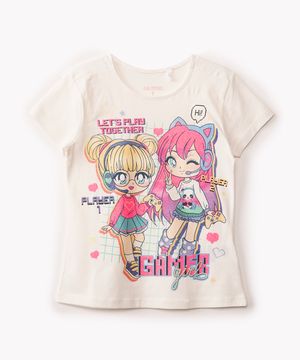 camiseta de algodão amigas gamers manga curta off white