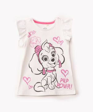 blusa de algodão infantil Patrulha Canina manga curta com babado off white