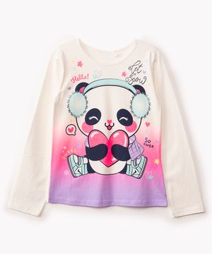 camiseta  de algodão infantil panda com glitter manga longa off white