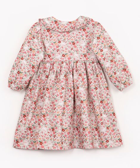 vestido infantil de algodão floral manga longa off white