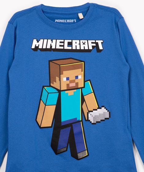 camiseta de algodão infantil minecraft manga longa azul