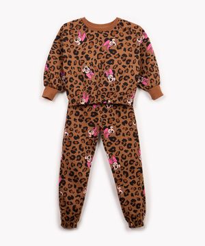 conjunto infantil de moletom animal print minnie  marrom