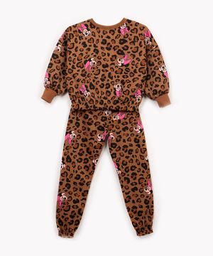 conjunto infantil de moletom animal print minnie  marrom