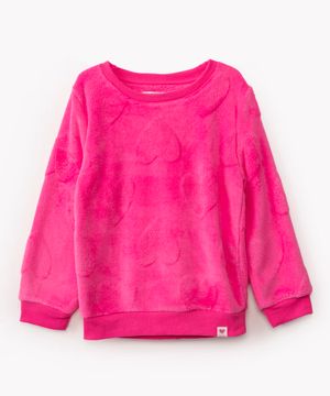 blusa de pelúcia infantil corações gola redonda rosa neon