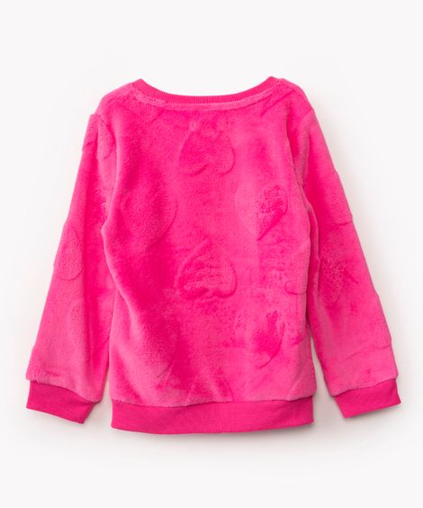 blusa de pelúcia infantil corações gola redonda rosa neon