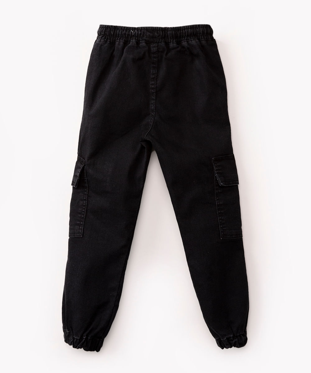 calça infantil jeans jogger cargo preto - C&A