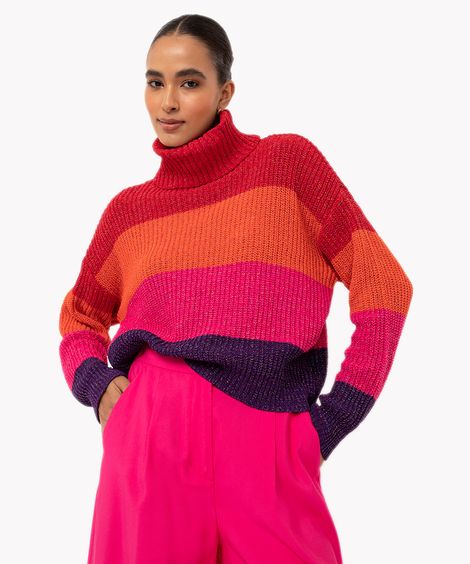 suéter de tricot com brilho listrado gola alta colorido