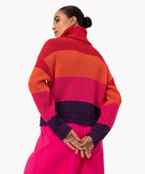 suéter de tricot com brilho listrado gola alta colorido