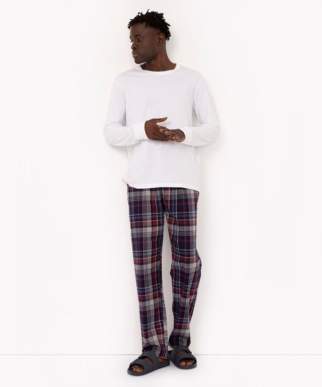 calça de pijama flanelada xadrez com bolsos cinza mescla