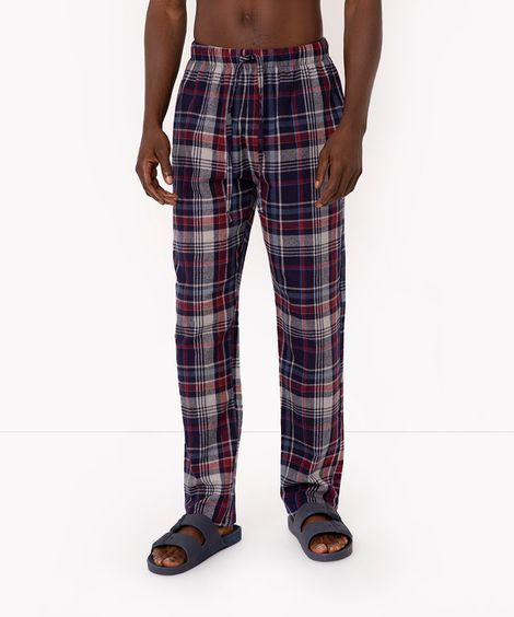 calça de pijama flanelada xadrez com bolsos cinza mescla