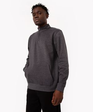 blusa de moletom básica gola alta com zíper cinza mescla escuro