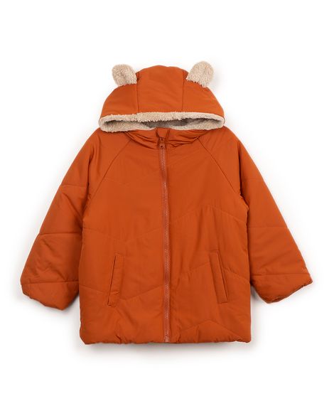 jaqueta puffer infantil com pelúcia orelhas marrom