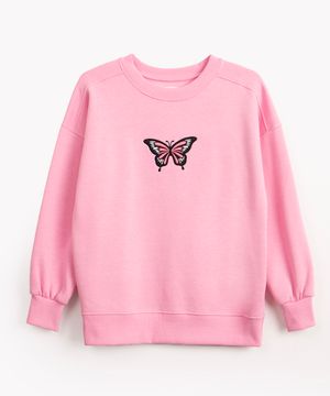 blusa de moletom juvenil borboleta bordado rosa claro