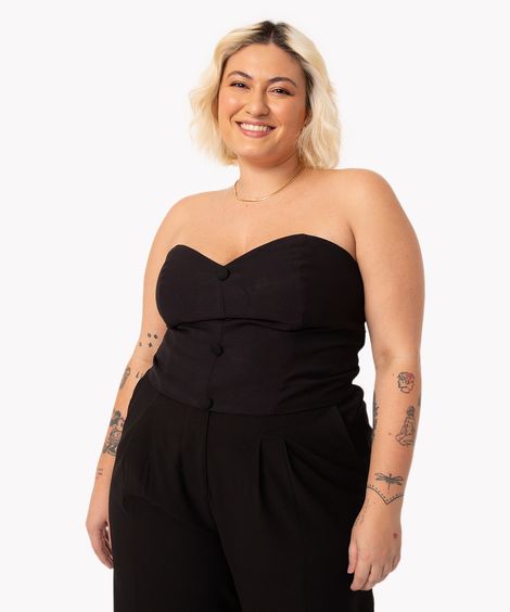 blusa plus size sem alça com botões preto