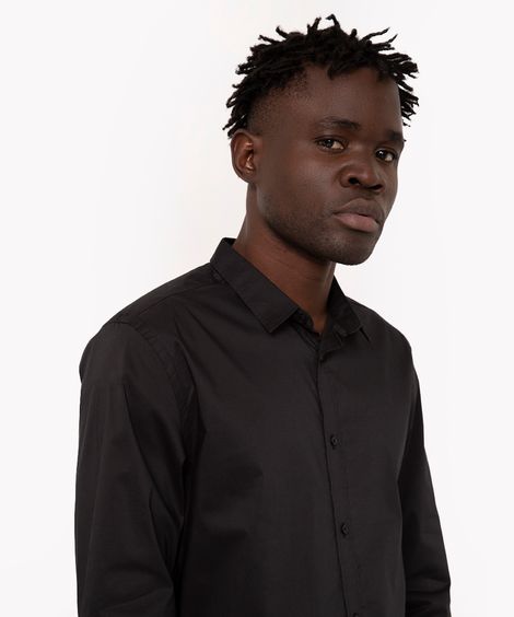 camisa de algodão slim manga longa preta