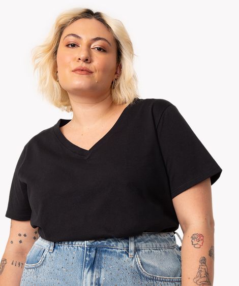 blusa plus size manga curta decote v verde militar - preto