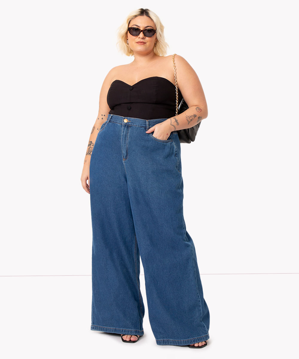 Calça wide leg jeans plus size destroyed cintura super alta - R$ 139.88,  cor Azul (pantalona) #145647, compre agora