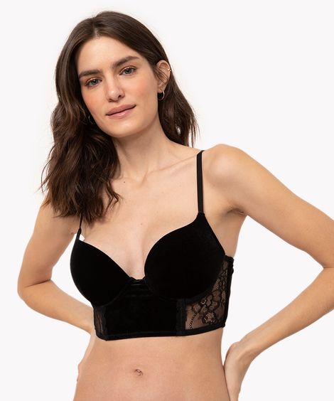sutiã cropped de veludo e renda com bojo e aro preto