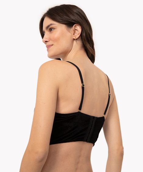 sutiã cropped de veludo e renda com bojo e aro preto