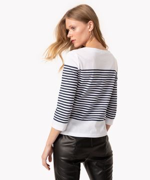 blusa de algodão listrada manga 7/8 off white