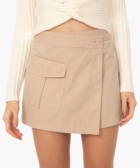 short saia de sarja cintura super alta com bolso bege claro