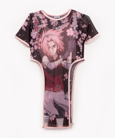 blusa de tule juvenil assimétrica naruto manga curta preto