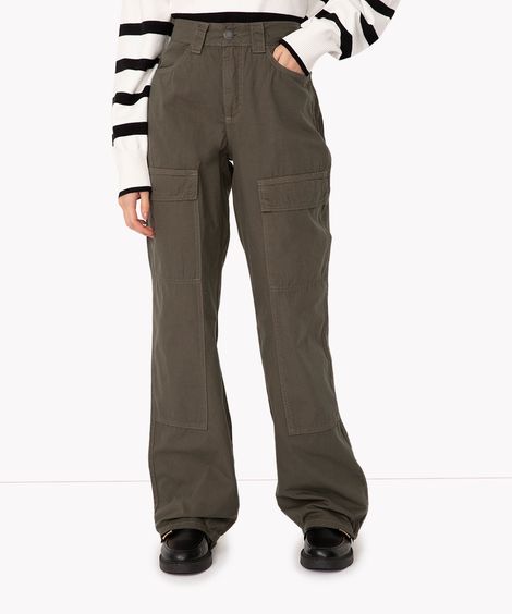 calça de sarja wide leg slim cintura média com bolsos verde