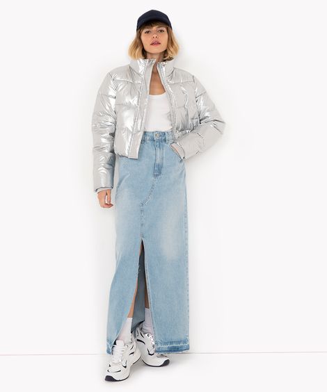 saia jeans longa cintura super alta com fenda azul claro