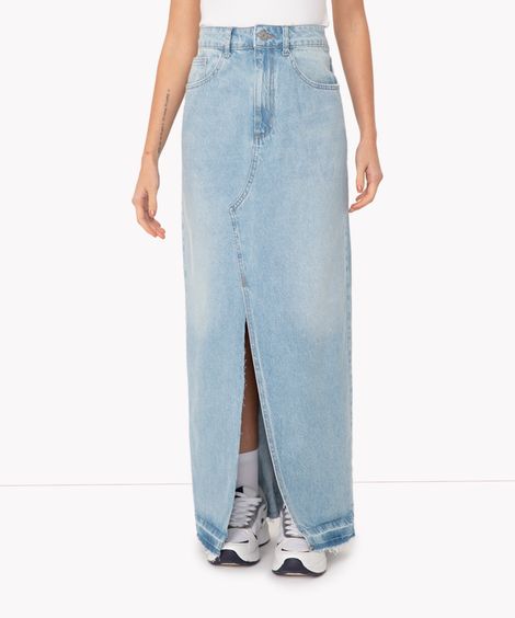 saia jeans longa cintura super alta com fenda azul claro
