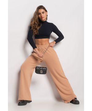 Calça Wide Leg Com Bolso Moletinho Bege Salvatore