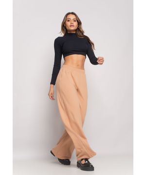 Calça Wide Leg Com Bolso Moletinho Bege Salvatore