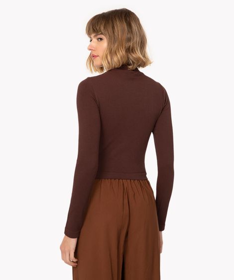 cropped de poliamida básico canelado gola alta manga longa marrom escuro