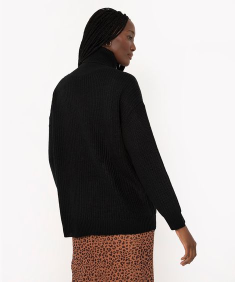 suéter de tricot alongado gola alta preto
