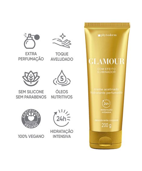 creme acetinado hidratante bisnaga phytoderm glamour 200g  iluminador único