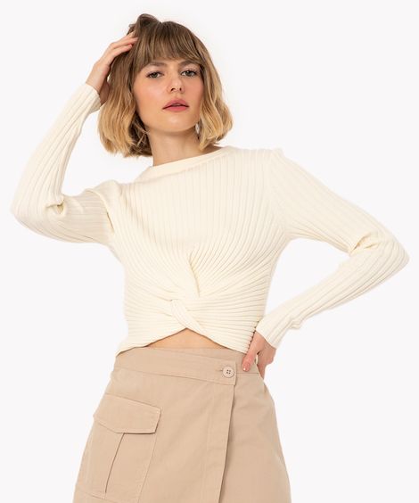 cropped de tricot com nó manga longa off white