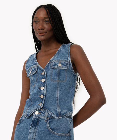 colete jeans com bolsos azul médio