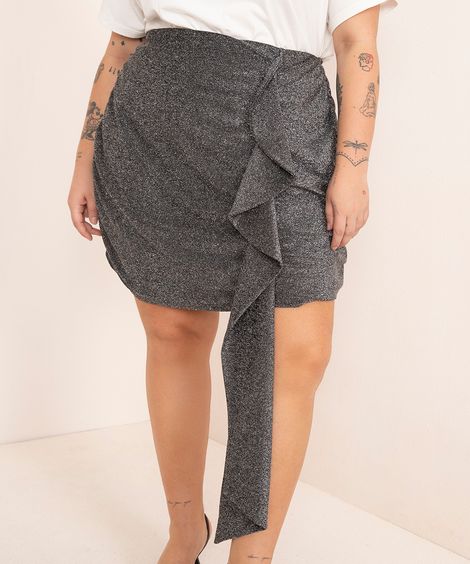 minissaia plus size de lurex curta com babado preto