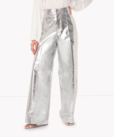 calça wide metalizada cintura alta prata