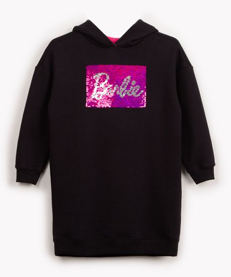 vestido de moletom infantil barbie com paetê e capuz preto