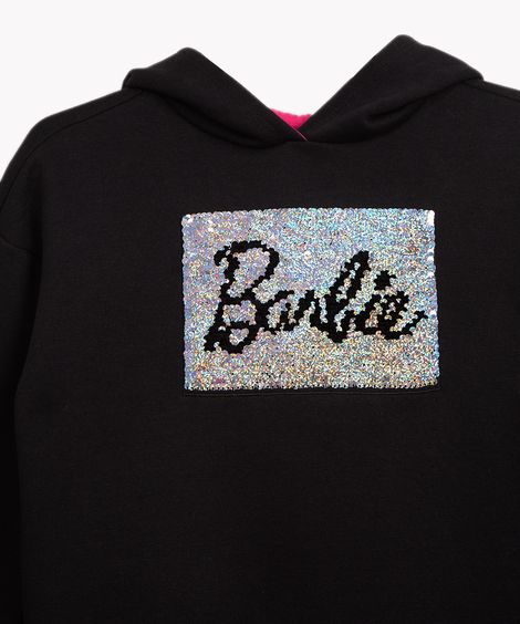 vestido de moletom infantil barbie com paetê e capuz preto