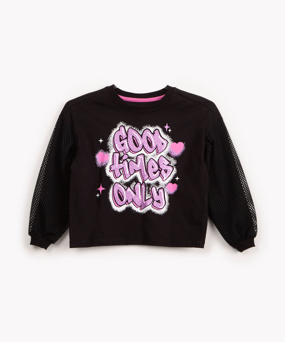 C&A blusa juvenil cropped manga longa preto 