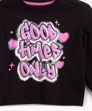 blusa infantil estampada good times only manga longa preta