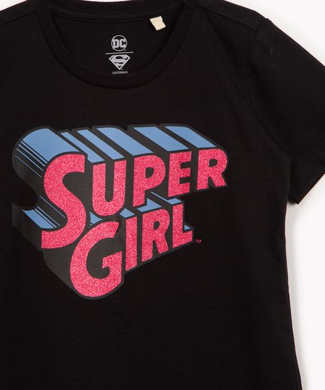 blusa de algodão infantil super girl com brilho manga curta preta