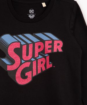blusa de algodão infantil super girl com brilho manga longa preta