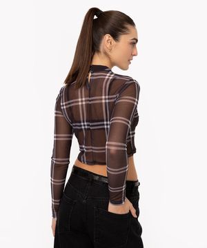 blusa de tule manga longa xadrez preto