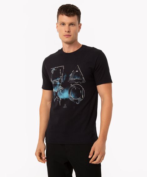 Camiseta Masculina PlayStation Manga Curta Gola Careca Preta