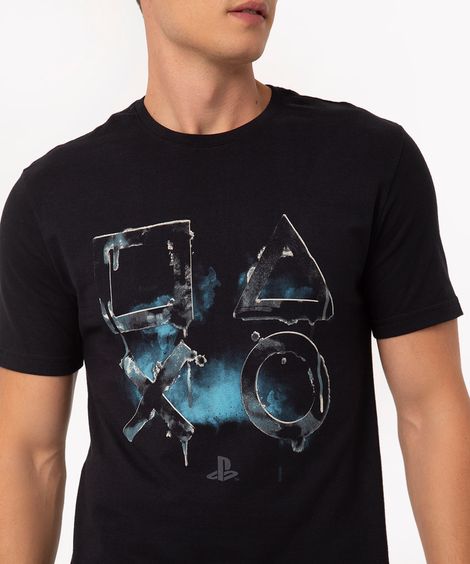 Camiseta Masculina PlayStation Manga Curta Gola Careca Preta