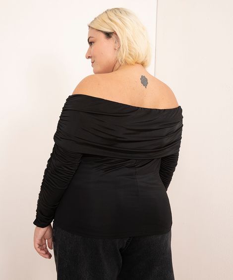 blusa plus size ombro a ombro manga longa mindset preta