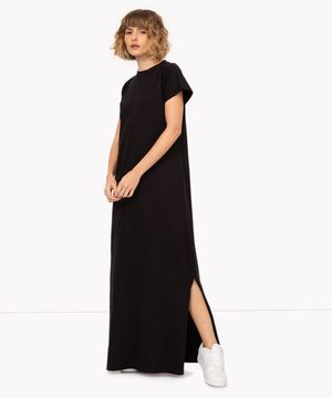 vestido de algodão longo com fenda - preto